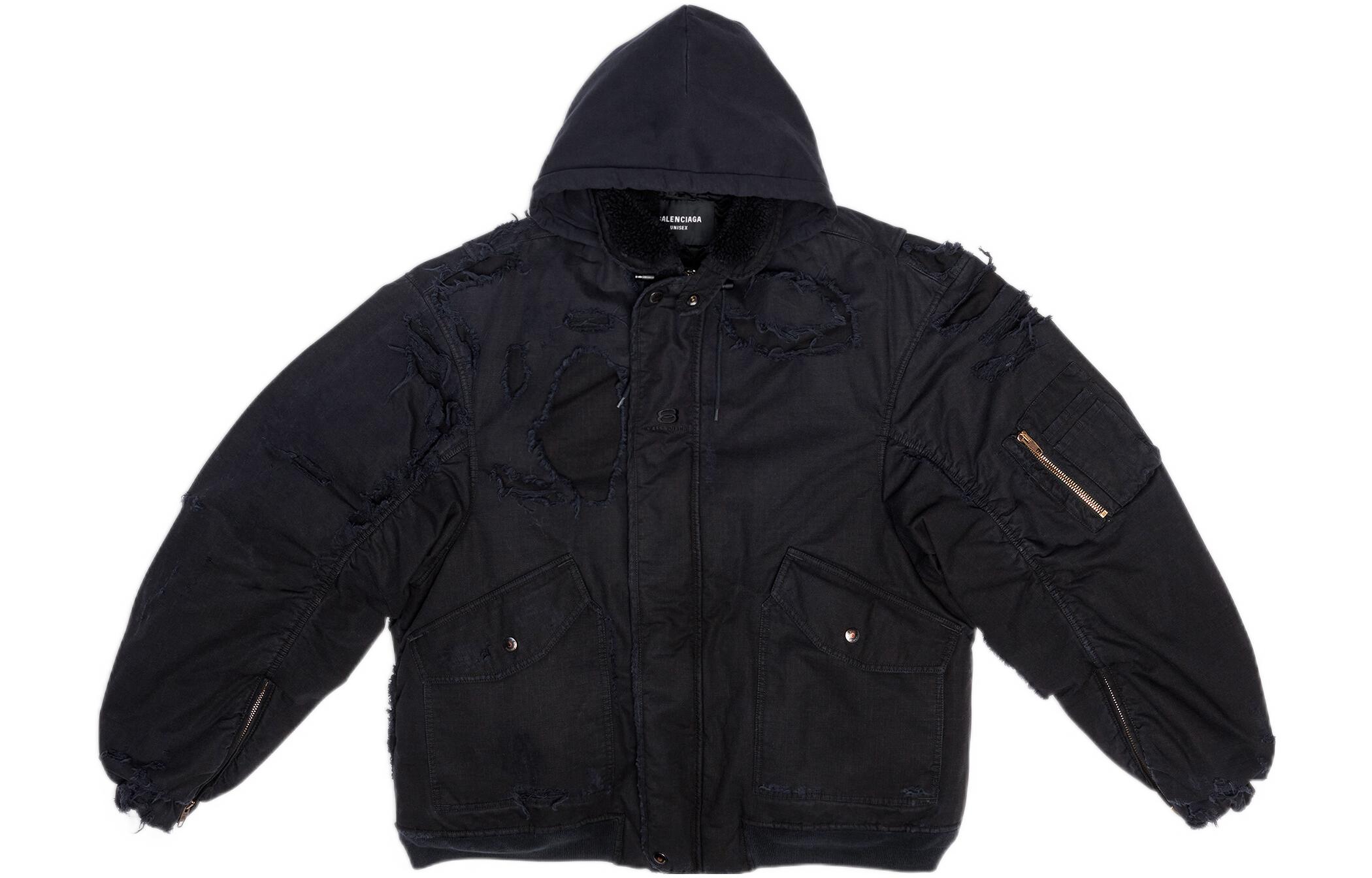 Balenciaga SS22 Solid Cracked Fabric Hooded Jacket Black 698844TKP271000