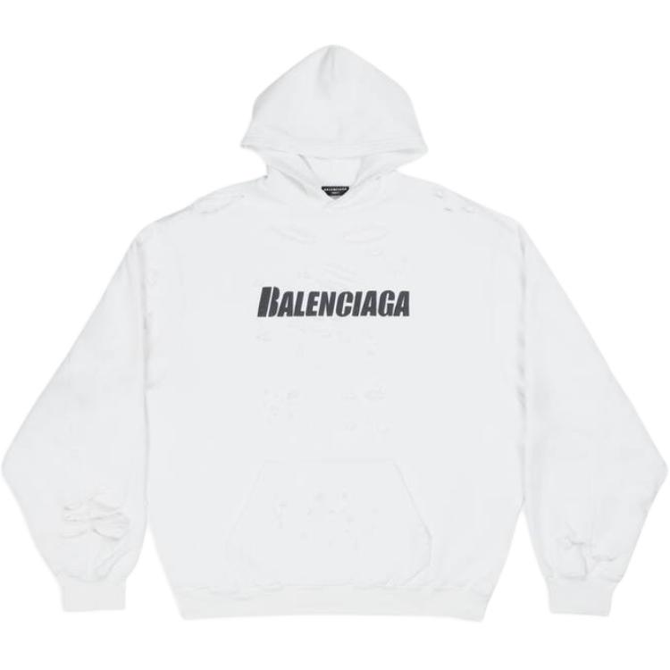 Balenciaga SS22 White Distressed Logo Print Fleece Hoodie 659403TKVB69040