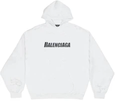 Balenciaga SS22 White Distressed Logo Print Fleece Hoodie 659403TKVB69040 Balenciaga SS22 White Distressed Logo Print Fleece Hoodie 659403TKVB69040