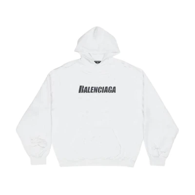 Balenciaga SS22 White Distressed Logo Print Fleece Hoodie 659403TKVB69040