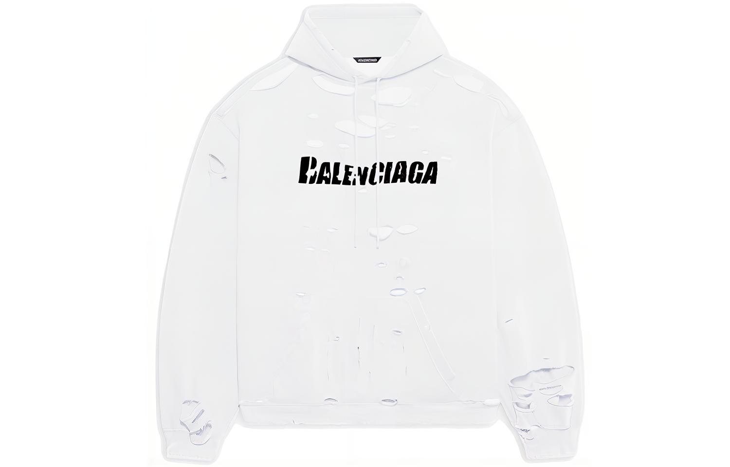 Balenciaga SS22 White Distressed Logo Print Fleece Hoodie 659403TKVB69040 圖 2