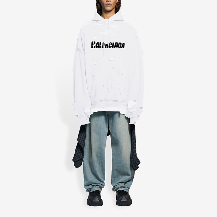 Balenciaga SS22 White Distressed Logo Print Fleece Hoodie 659403TKVB69040 圖 4