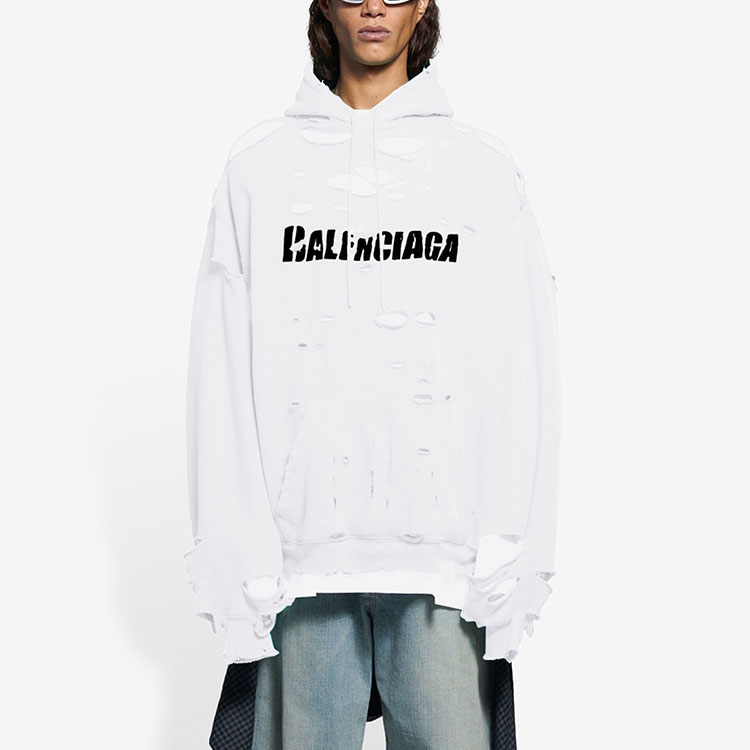 Balenciaga SS22 White Distressed Logo Print Fleece Hoodie 659403TKVB69040 圖 5