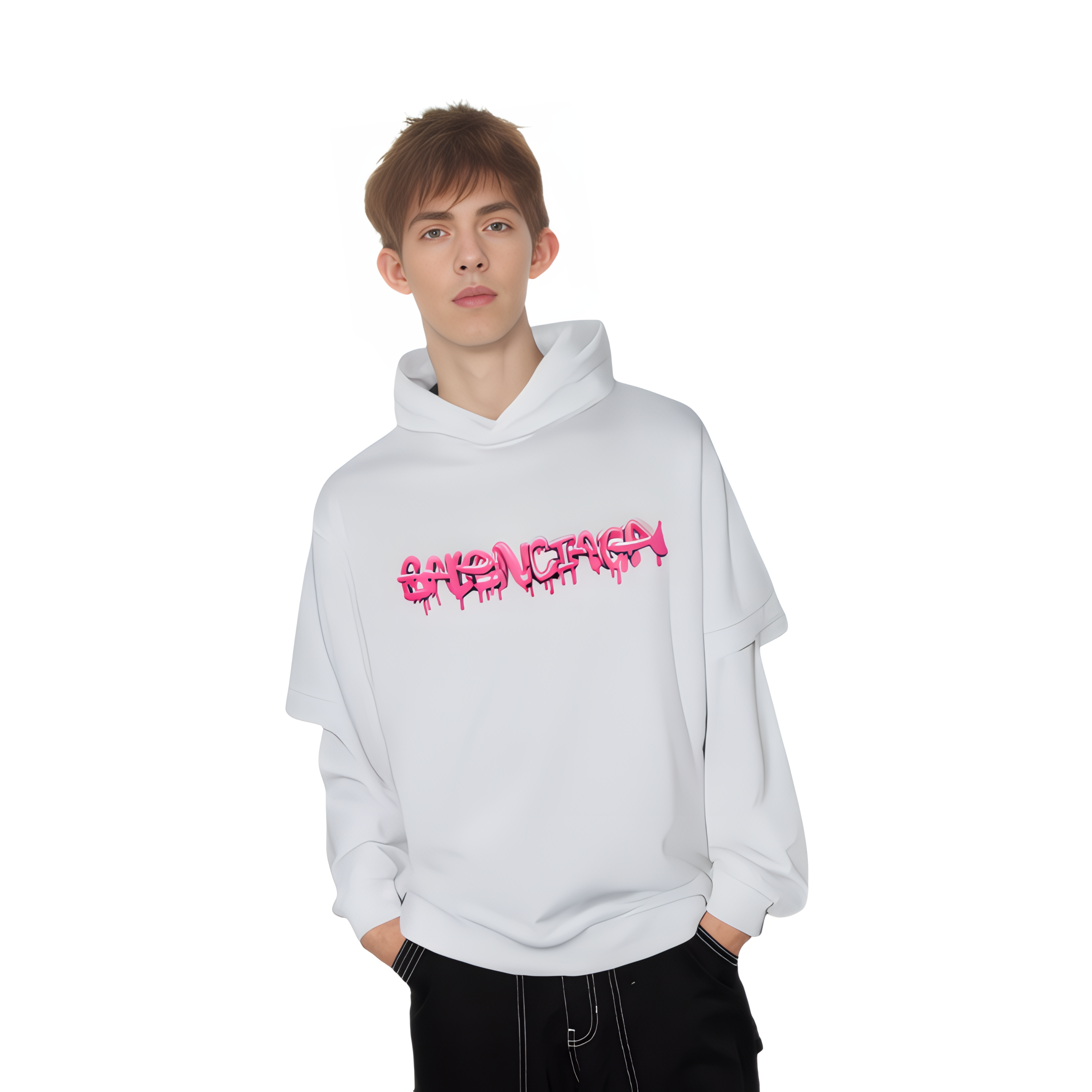 Details for Balenciaga SS22 Hoodie Putih Cetakan Huruf Lengan Panjang Oversaiz. 681029TLVF10901