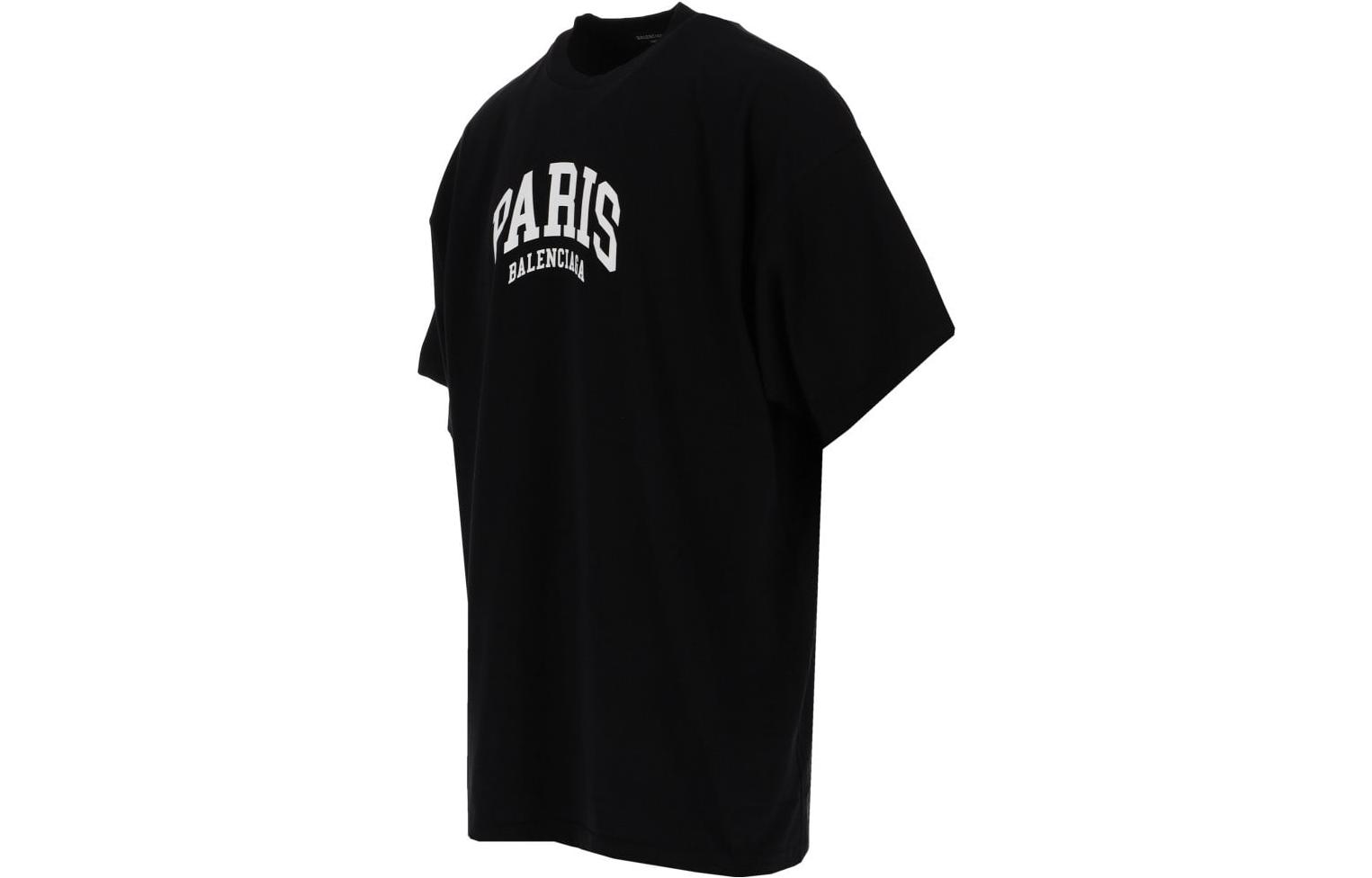 Shop Balenciaga SS23  Black Crewneck Tee with Solid Color Letter Print 676589TLVG71070