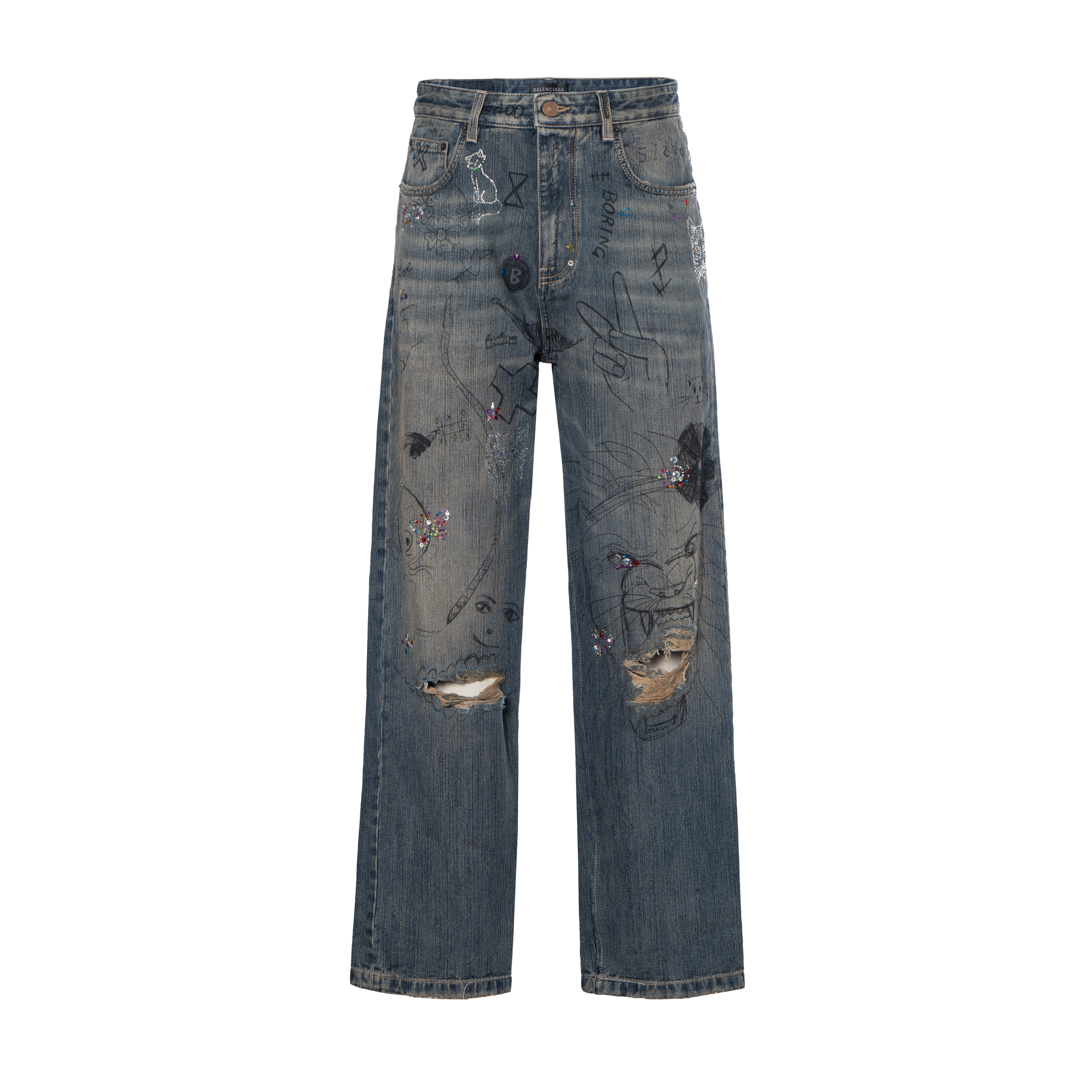 Balenciaga SS23  Blue Graffiti Print Straight-Leg Relaxed Jeans. 746986TOW664036