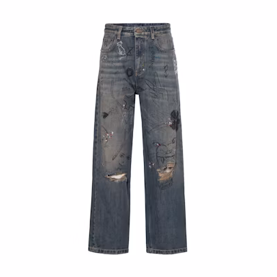 Balenciaga SS23 Blue Graffiti Print Straight-Leg Relaxed Jeans. 746986TOW664036