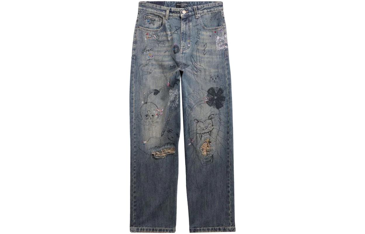 Order Balenciaga SS23 Jeans Biru Grafiti Print Straight-Leg Relaxed. 746986TOW664036