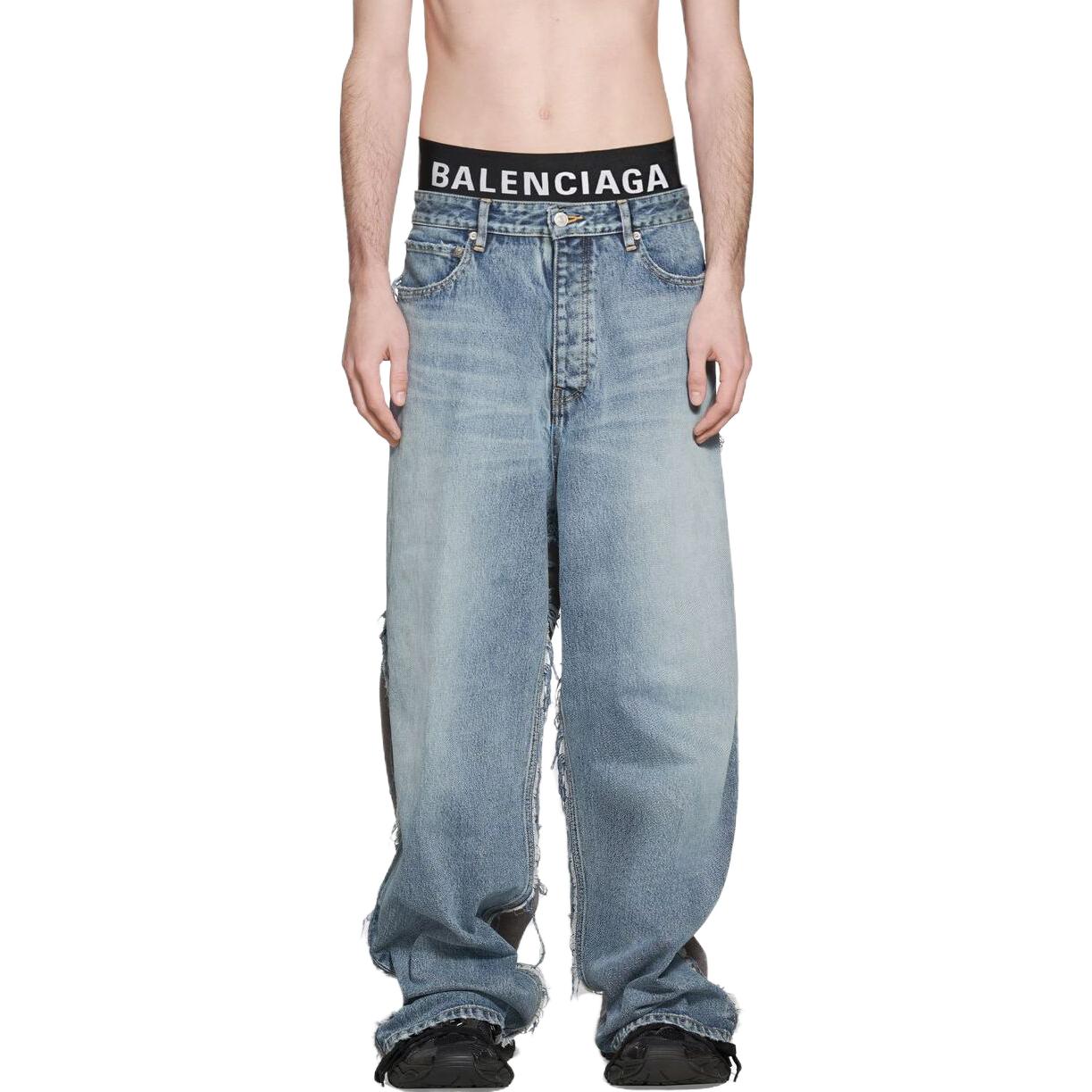 Shop 巴黎世家SS23拼接宽松直筒牛仔裤蓝色 738751TNW014012