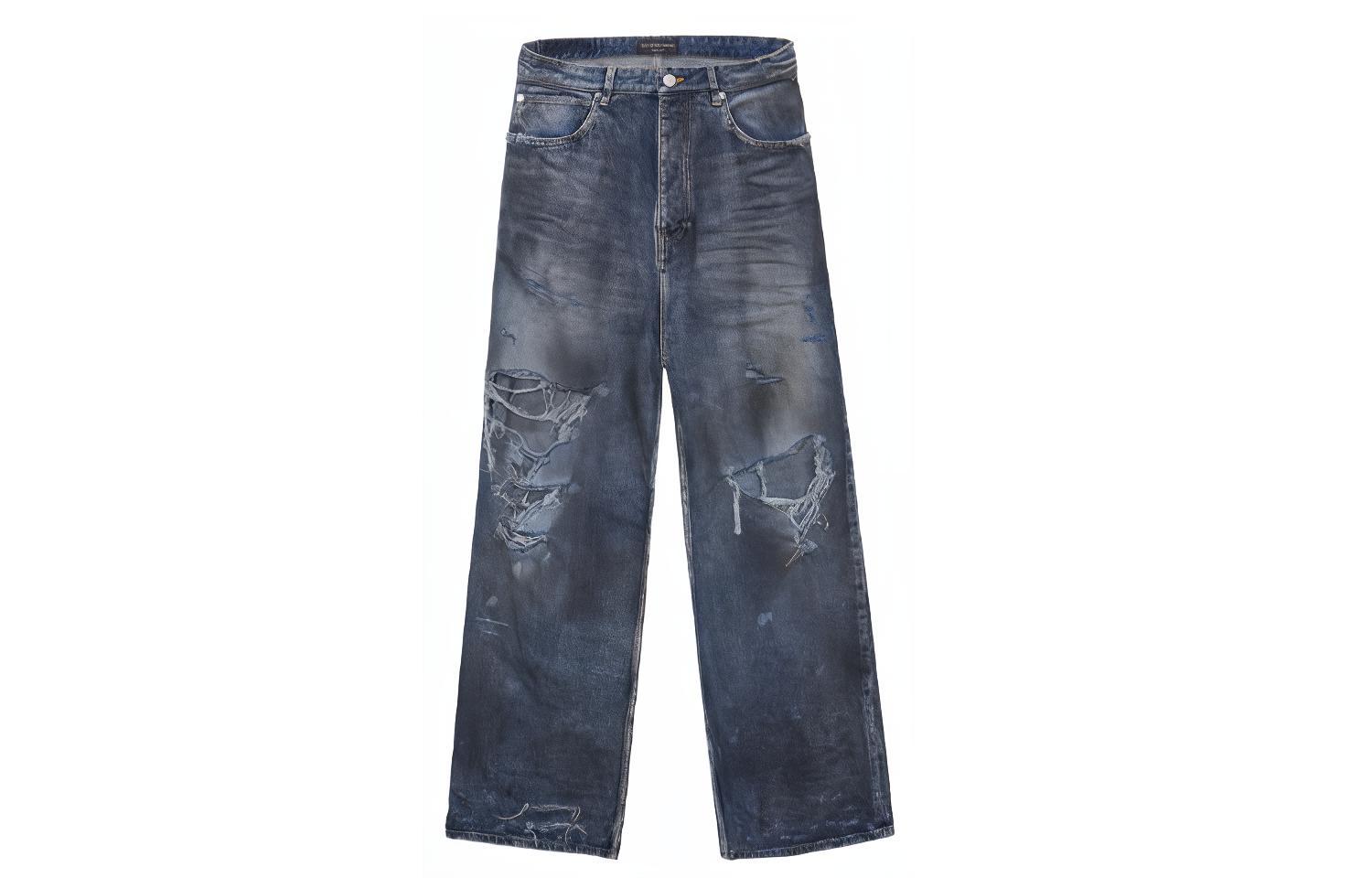 Balenciaga SS23 Blue Distressed Buttoned Loose Fit Jeans Unisex Denim Pants. 745213TNW014974