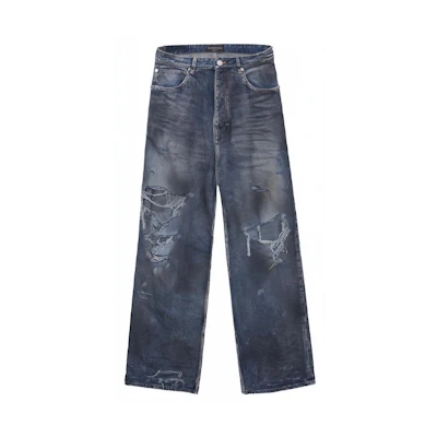 Balenciaga SS23 Blue Distressed Buttoned Loose Fit Jeans Unisex Denim Pants. 745213TNW014974