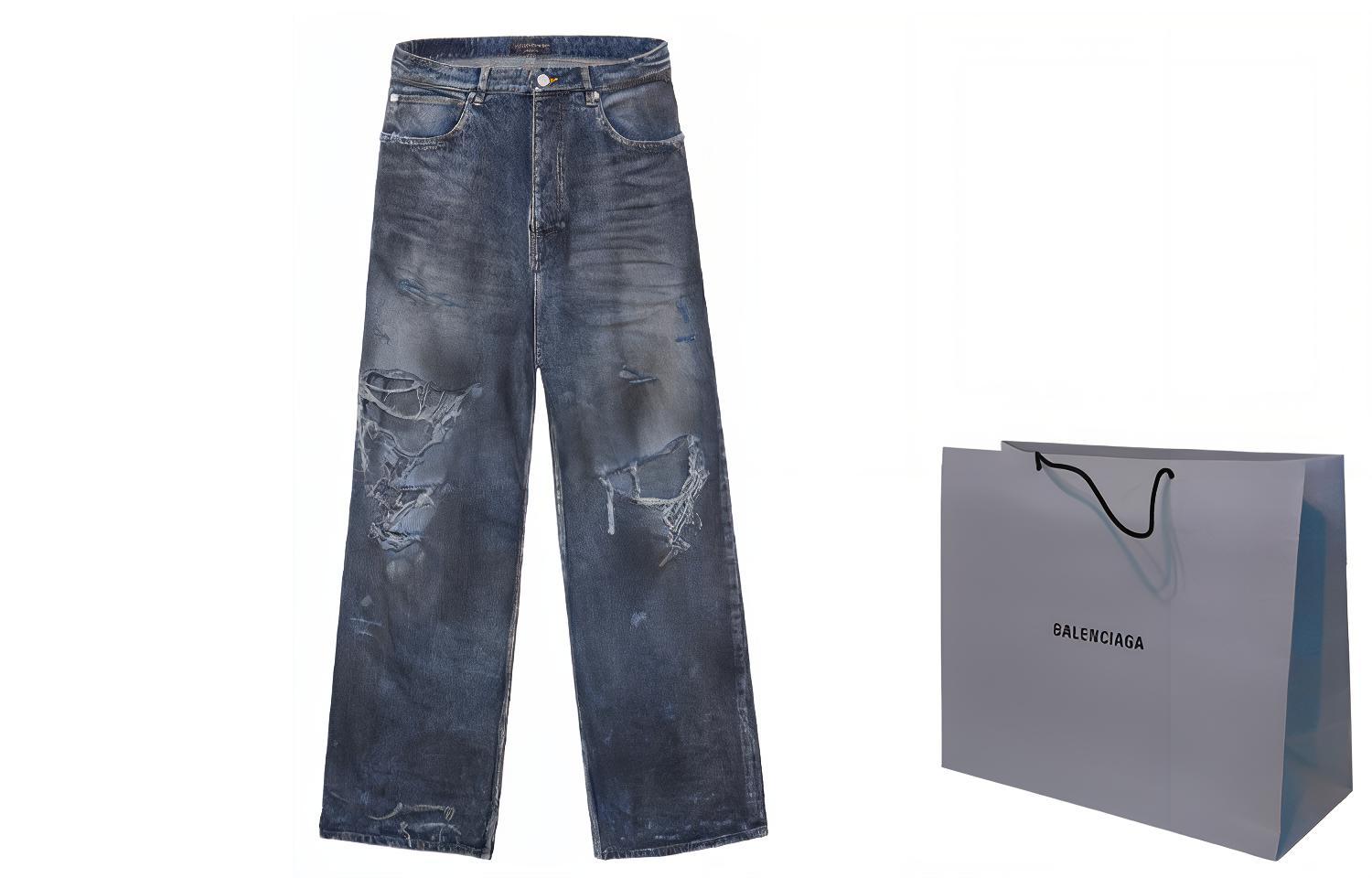 Shop 발렌시아가 SS23 블루 디스트로이드 버튼 루즈핏 유니섹스 데님 팬츠. 745213TNW014974