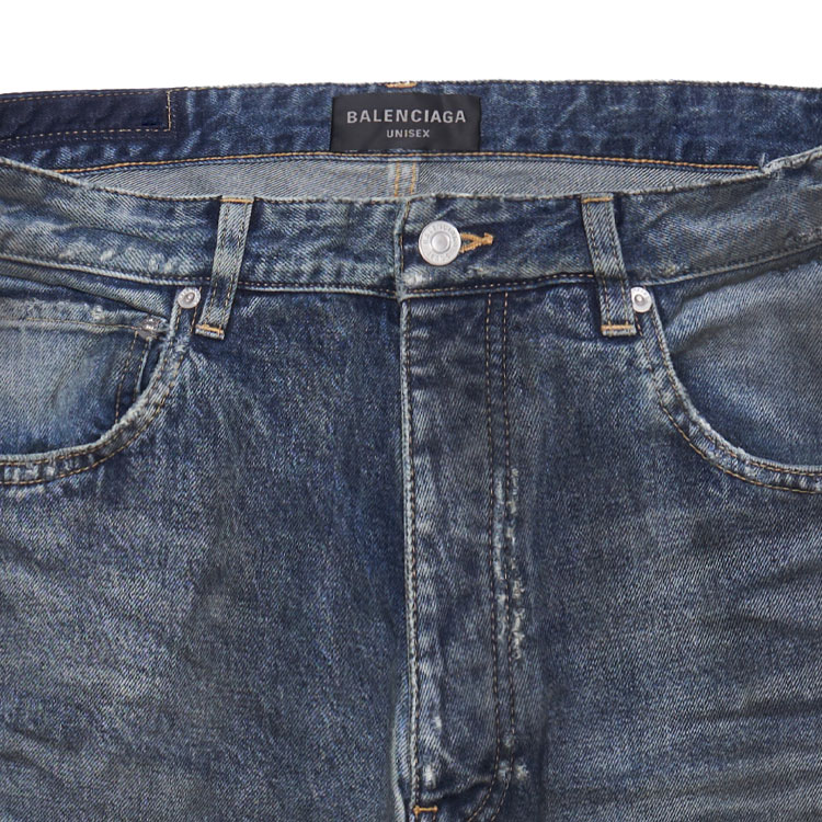 Cheap 발렌시아가 SS23 블루 디스트로이드 버튼 루즈핏 유니섹스 데님 팬츠. 745213TNW014974
