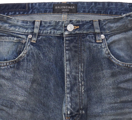 발렌시아가 SS23 블루 디스트로이드 버튼 루즈핏 유니섹스 데님 팬츠. 745213TNW014974 Cheap 발렌시아가 SS23 블루 디스트로이드 버튼 루즈핏 유니섹스 데님 팬츠. 745213TNW014974