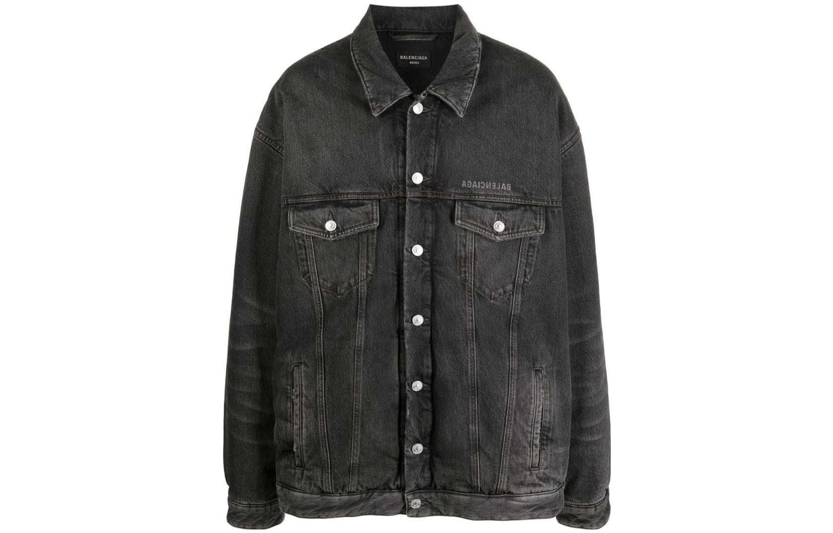 Balenciaga SS23 Distressed Logo Print Black Denim Jacket Mens Relaxed Fit 735744TBP471270