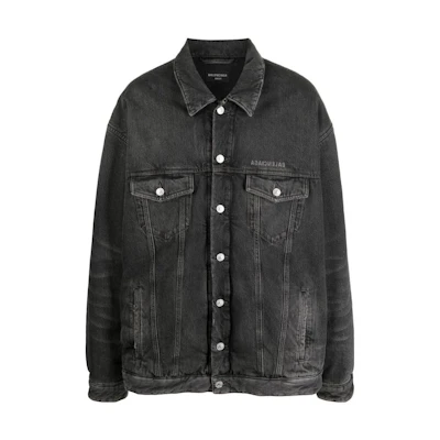 Balenciaga SS23 Distressed Logo Print Black Denim Jacket Mens Relaxed Fit 735744TBP471270