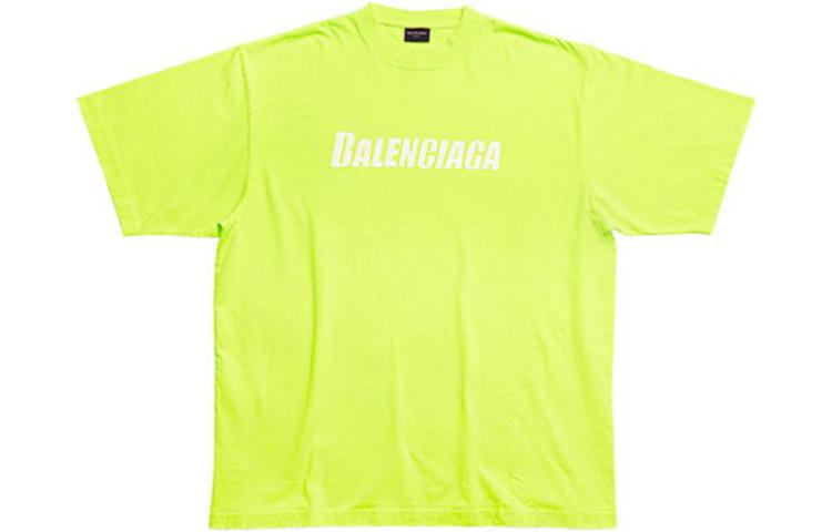 Balenciaga SS23 Distressed Logo Tee Fluorescent Yellow Unisex Loose Fit T-Shirt 651795TNVL17805