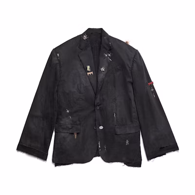 Balenciaga SS23 Distressed Rhinestone Pin Single-Breasted Blazer Black Menswear. 746409TBP011000