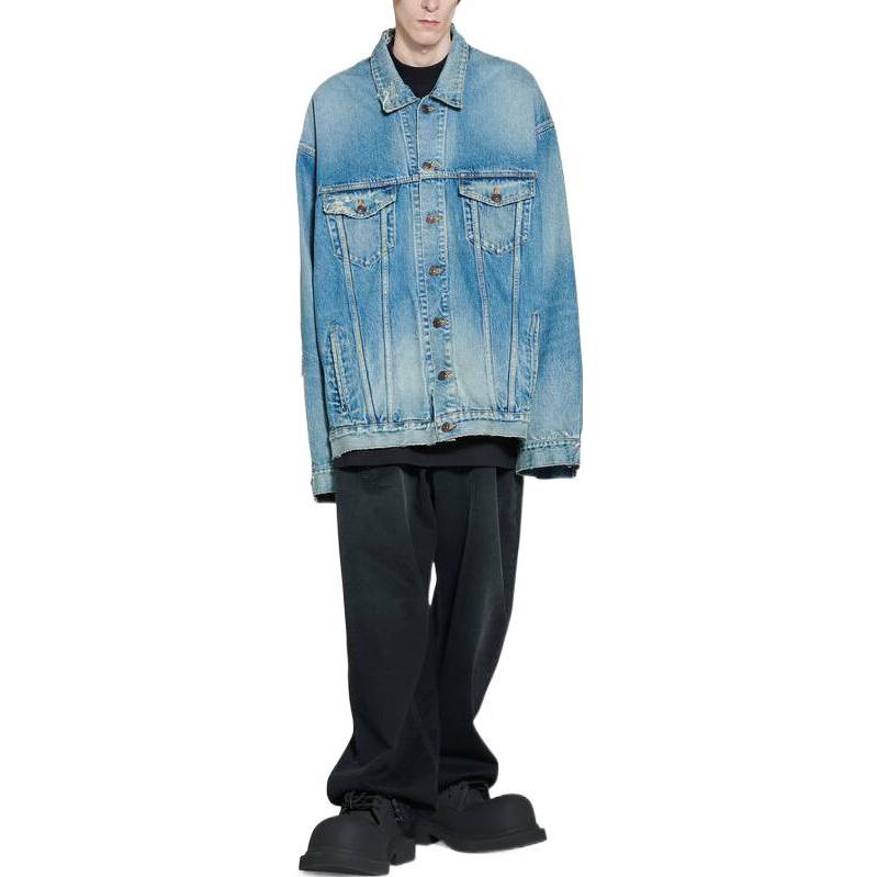 Shop 발렌시아가 SS23 디스트레스 워싱 데님 자켓 루즈핏 - 데님 블루. 727840TNW014268