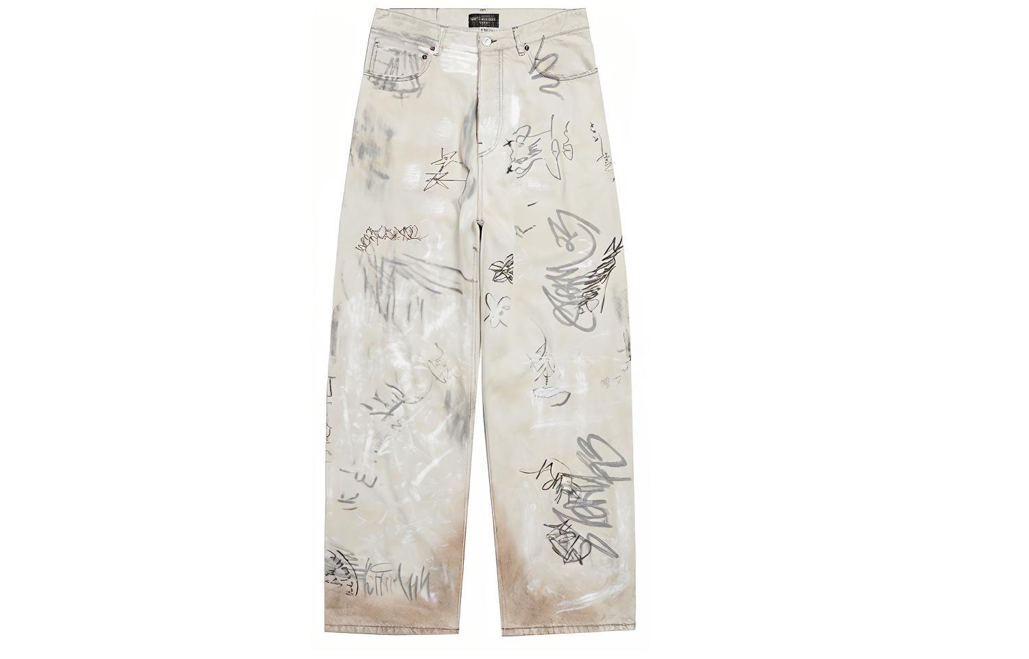 Balenciaga SS23 Graffiti Print Mid-Waist Wide-Leg Jeans Unisex Light Grey. 745223TBP475411