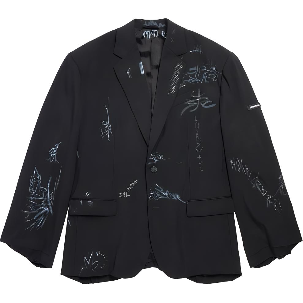 Balenciaga SS23 Graffiti Print Single-Breasted Blazer Unisex Oversized Black 739591TOT031000