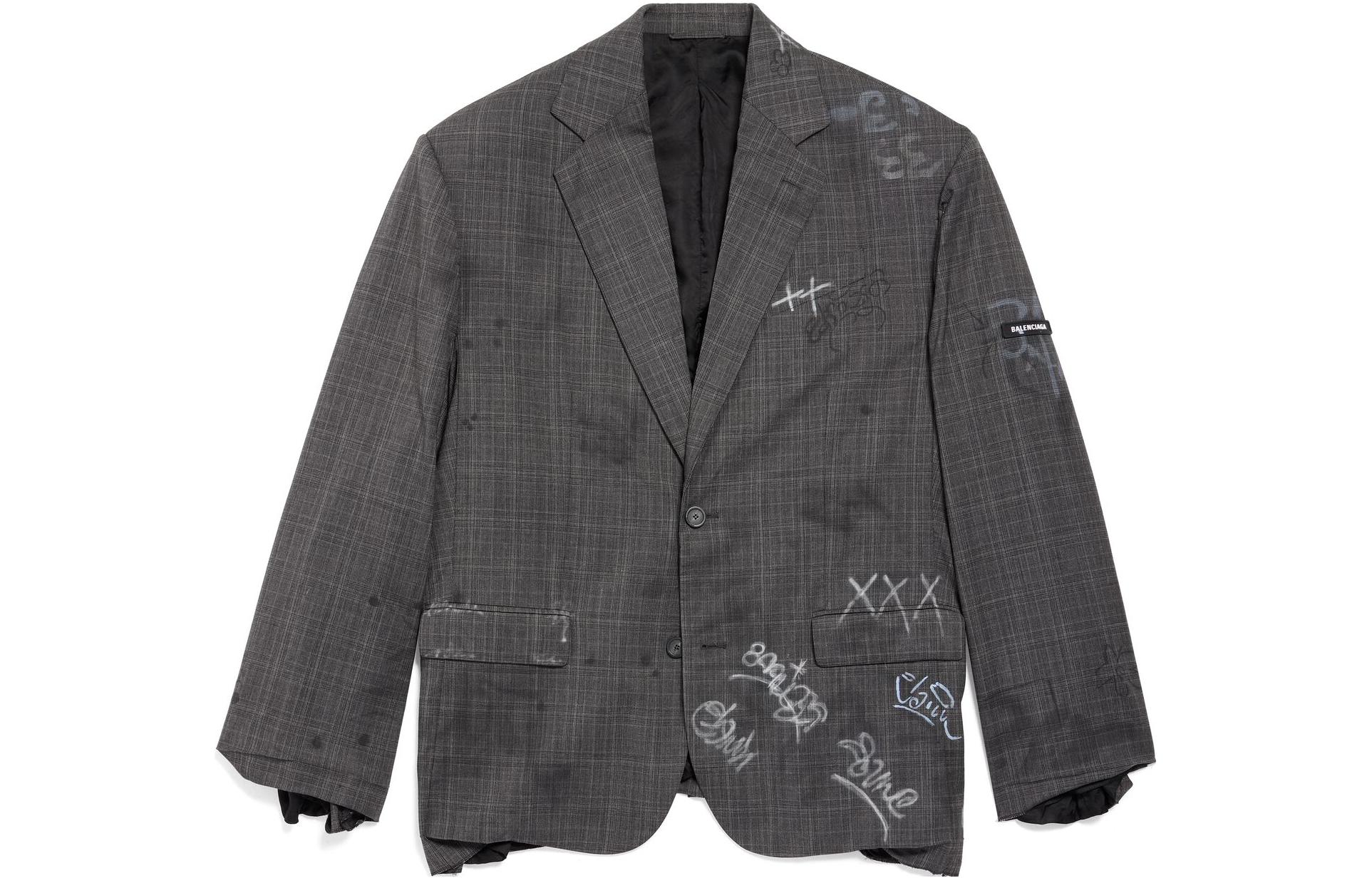 Balenciaga SS23 Graffiti Print Single-Breasted Blazer Unisex Oversized Grey. 739591TOT071240