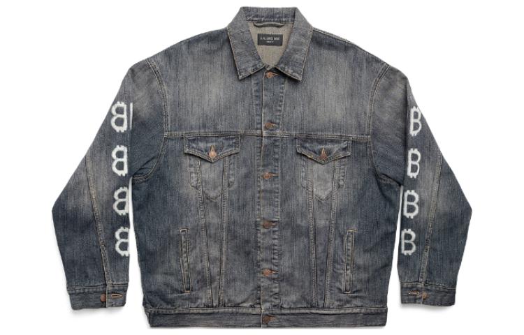 Order Balenciaga SS23 Jaket Denim Cetakan Huruf Unisex Fit Longgar Biru Indigo. 750983TNW654036