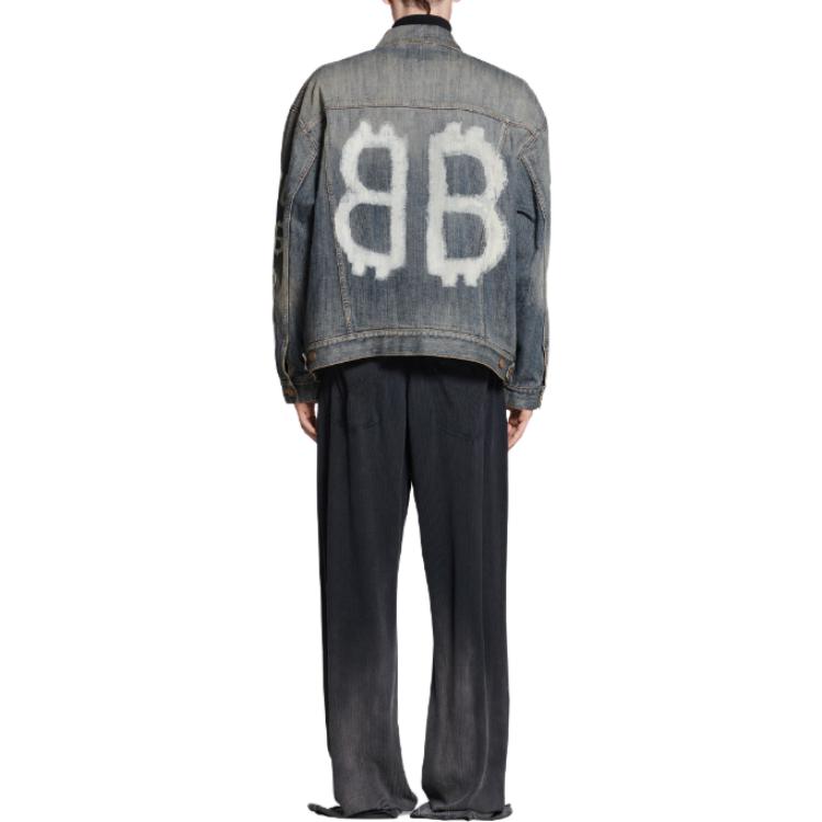 Details for Balenciaga SS23 Jaket Denim Cetakan Huruf Unisex Fit Longgar Biru Indigo. 750983TNW654036