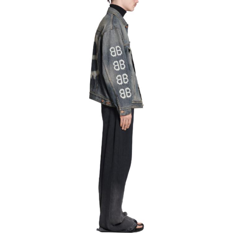 Sizing Balenciaga SS23 Jaket Denim Cetakan Huruf Unisex Fit Longgar Biru Indigo. 750983TNW654036