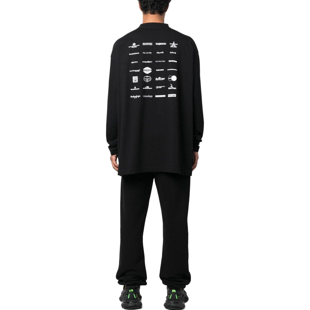 Shop Balenciaga SS23黑色長袖標誌印花圓領T恤 常規版型 720250TNVQ71070