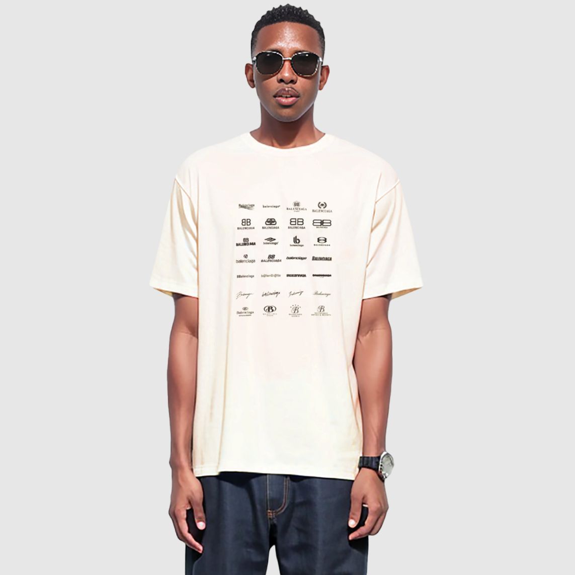 Sizing Camiseta Unisex Balenciaga SS23 Oversized Logo Crewneck - Blanco Roto. 712398TNVQ79784