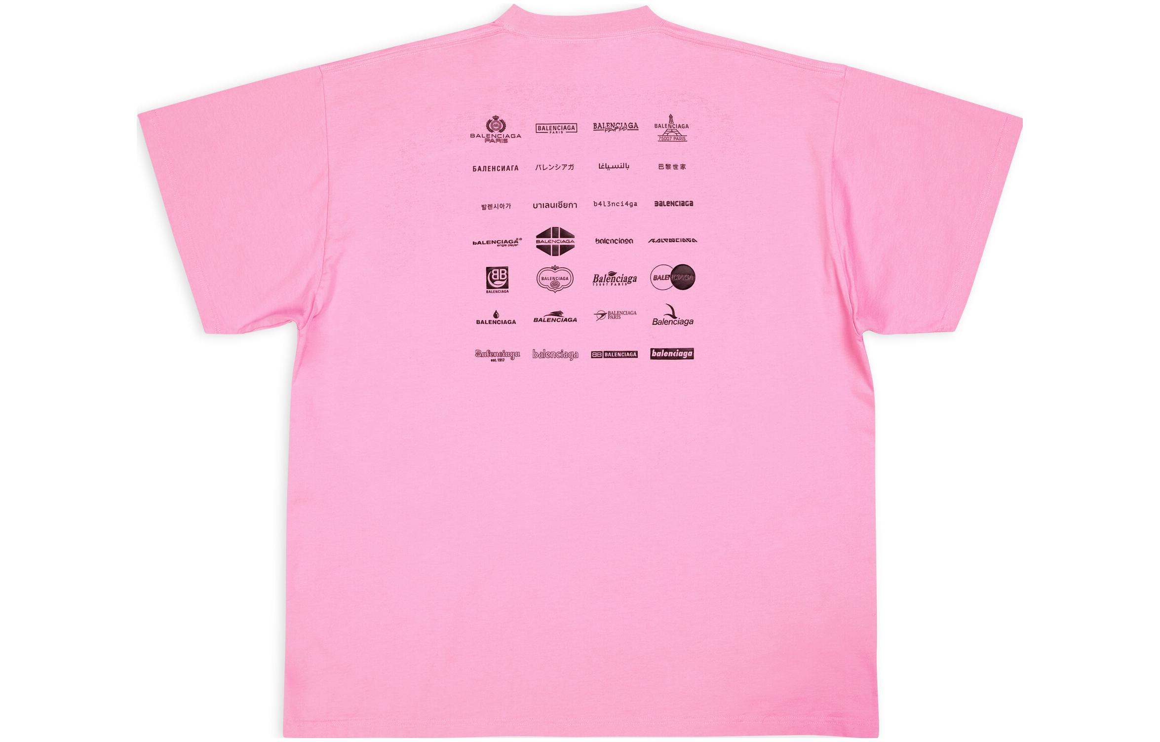 Lookbook 발렌시아가 SS23 로고 프린트 핑크 오버사이즈 유니섹스 크루넥 티셔츠. 712398TNVQ71401