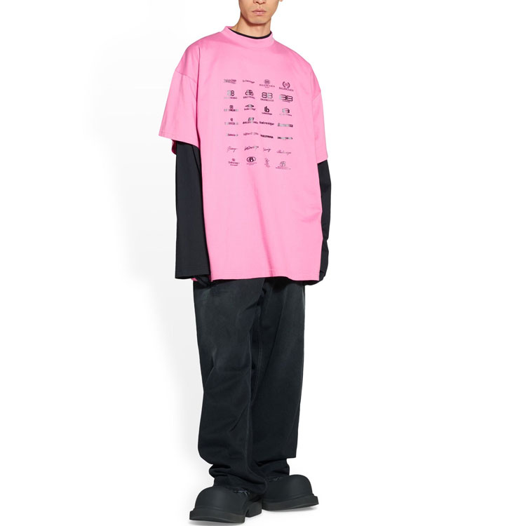 Shop 발렌시아가 SS23 로고 프린트 핑크 오버사이즈 유니섹스 크루넥 티셔츠. 712398TNVQ71401