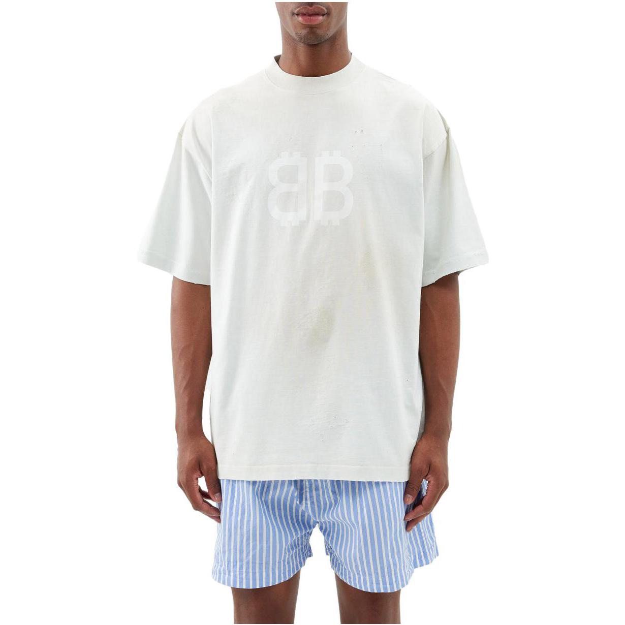 Shop Balenciaga SS23 徽標印花白色寬鬆男女同款短袖圓領T恤 739784TOVU69012