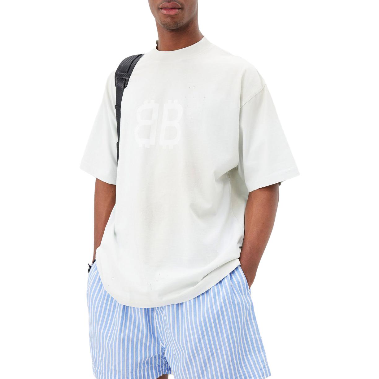 Purchase Balenciaga SS23 徽標印花白色寬鬆男女同款短袖圓領T恤 739784TOVU69012