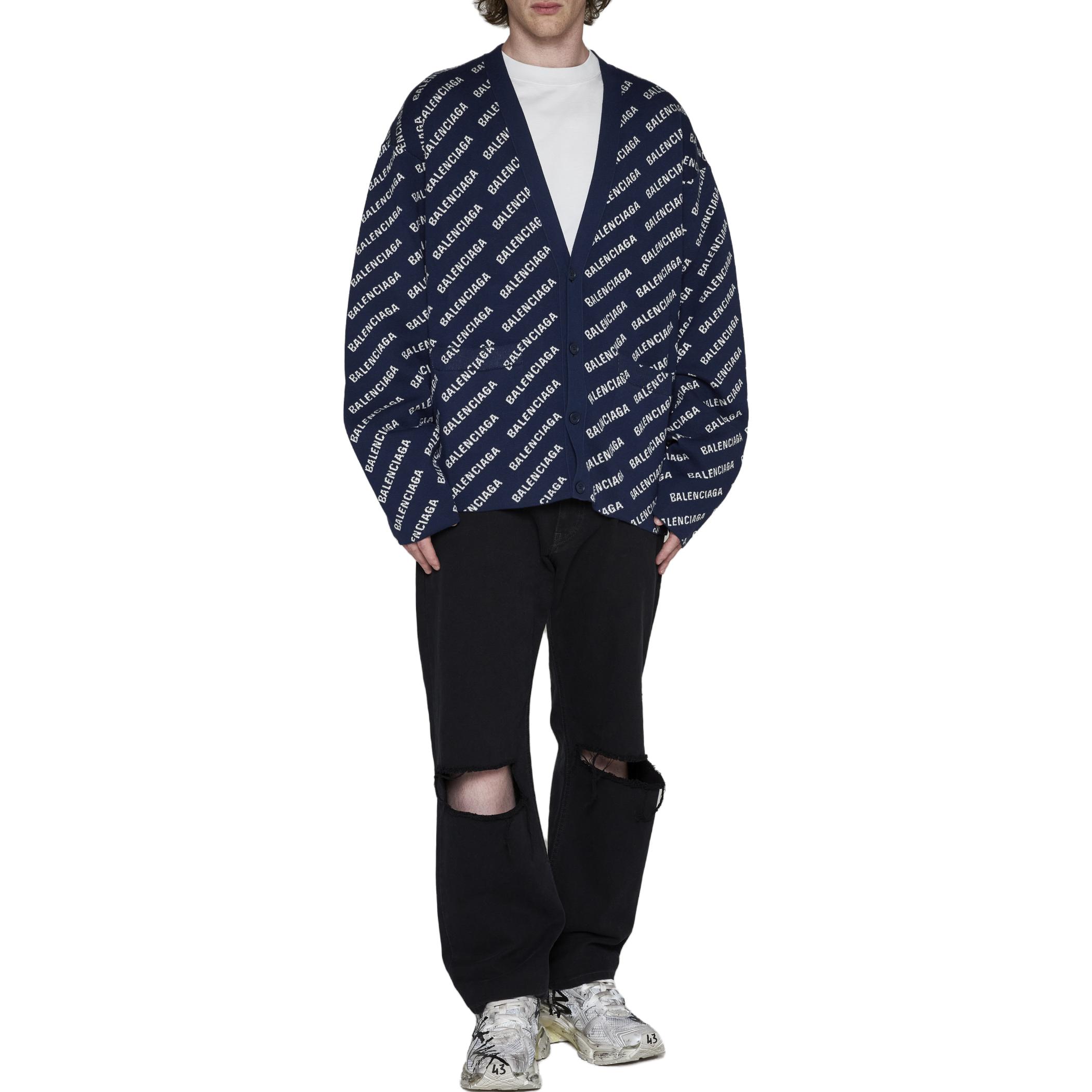 Shop Balenciaga SS23 Monogram Knit Cardigan Navy Blue  Regular Fit. 736248T32338502