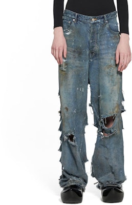 Balenciaga SS23 Washed Distressed Loose Fit Jeans Unisex - Blue 745248TNW014012 Details for Balenciaga SS23 Washed Distressed Loose Fit Jeans Unisex - Blue 745248TNW014012