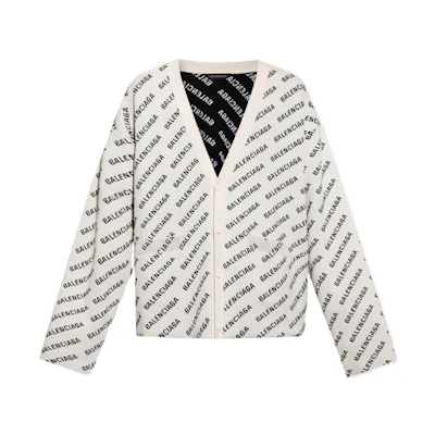 Balenciaga SS23 White Letter Print Knit Cardigan Regular Fit Sweater. 736248T32339054