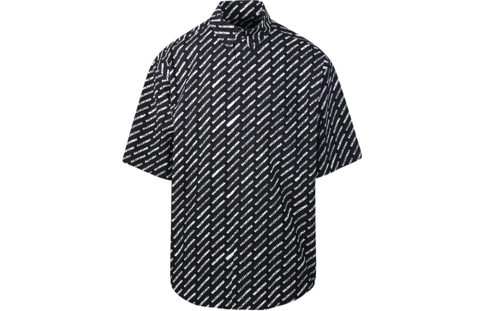 Balenciaga SS24  Black Button-Up Short Sleeve Shirt with Allover Logo Print. 681702TQL071070