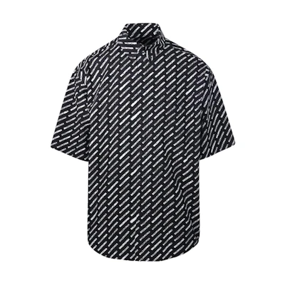 Balenciaga SS24 Black Button-Up Short Sleeve Shirt with Allover Logo Print. 681702TQL071070