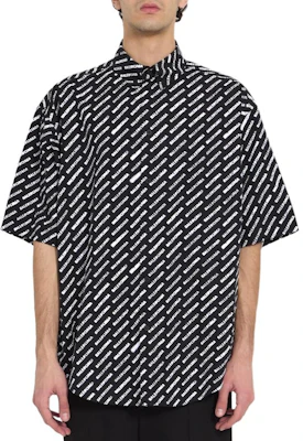Balenciaga SS24 Black Button-Up Short Sleeve Shirt with Allover Logo Print. 681702TQL071070 Details for Balenciaga SS24 Black Button-Up Short Sleeve Shirt with Allover Logo Print. 681702TQL071070