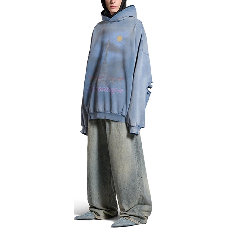 Shop Balenciaga SS24 藍色字母印花寬鬆連帽長袖上衣 744462TQVO24530