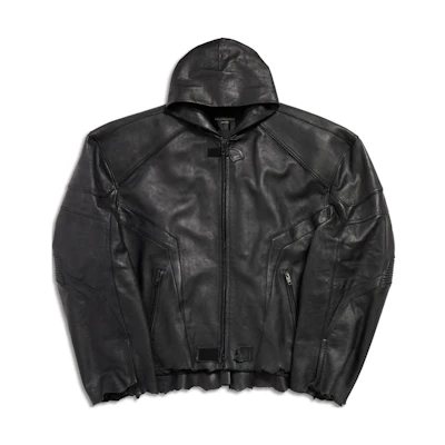 Balenciaga SS24 Black Leather Zip-Up Hoodie Jacket Unisex Oversized Fit. 790201TOS141000