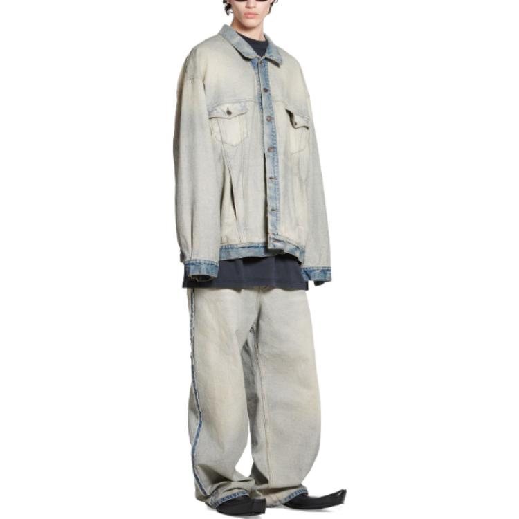 Shop Balenciaga SS24 Jaket Denim Patch Logo Distressed Unisex Loose Fit Biru 773610TDW154209