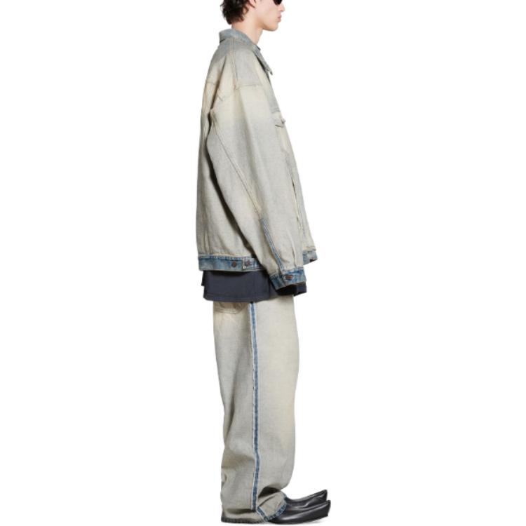 Details for Balenciaga SS24 Jaket Denim Patch Logo Distressed Unisex Loose Fit Biru 773610TDW154209