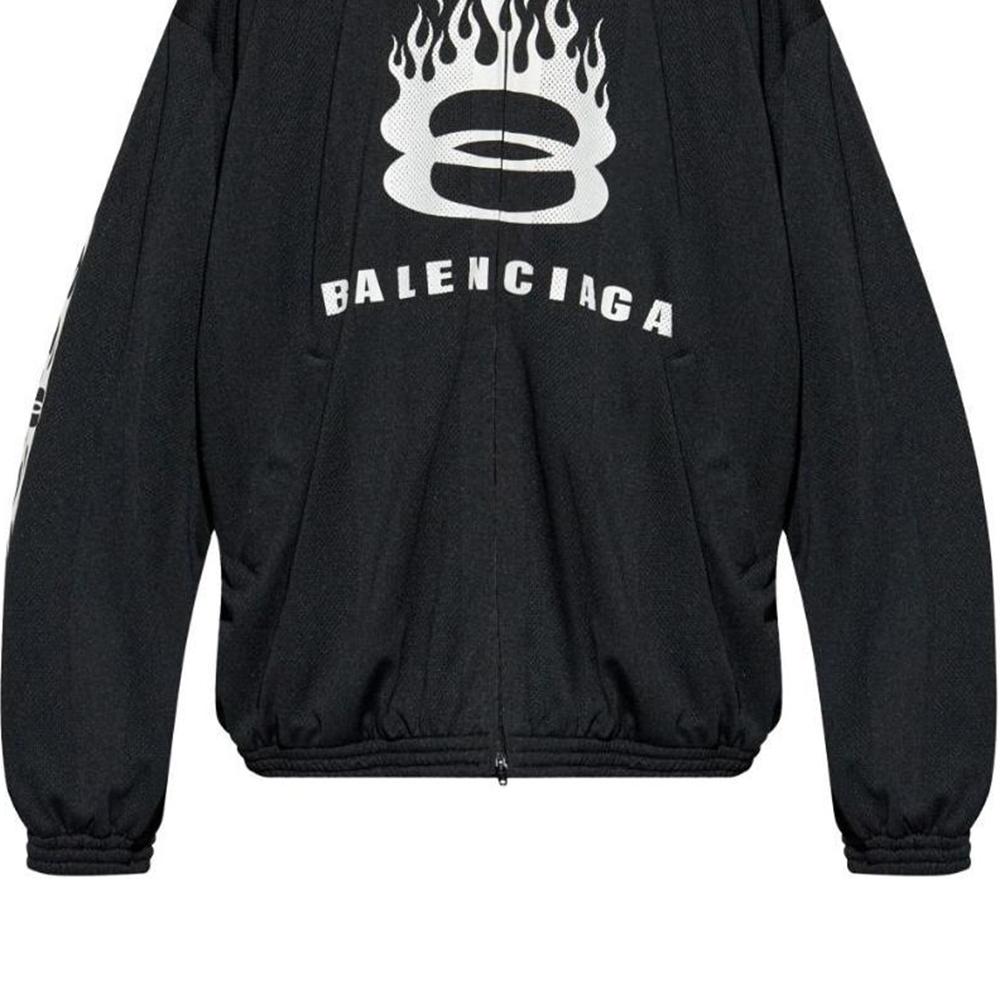 Sizing Chaqueta Balenciaga SS24 Flame Logo Negra con Cremallera, Ajuste Suelto Manga Larga 794794TQV381000