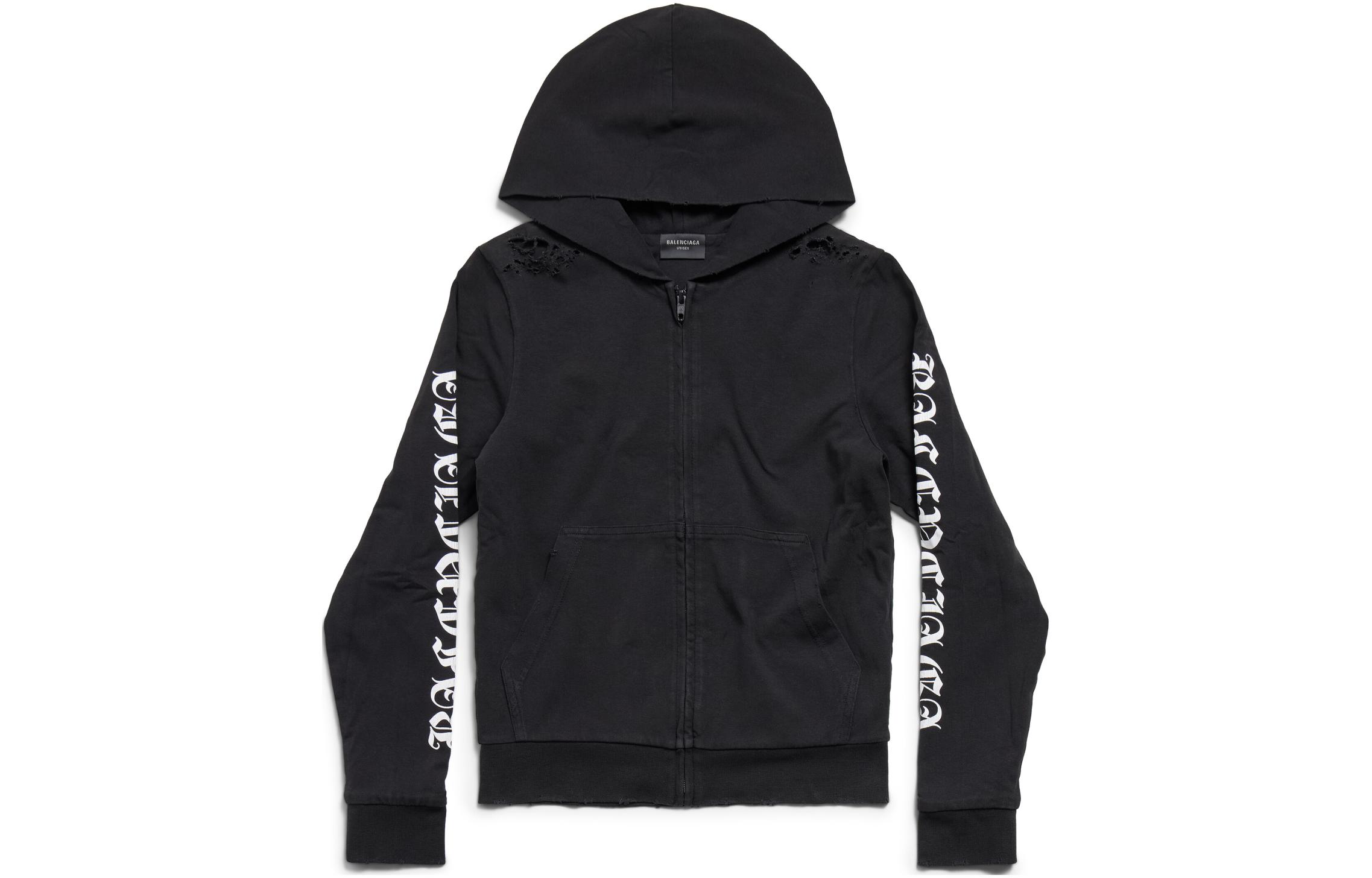 Balenciaga SS24 Gothic Type Black Hoodie Unisex Slim Fit Zipper Sweatshirt. 787359TQVJ51569