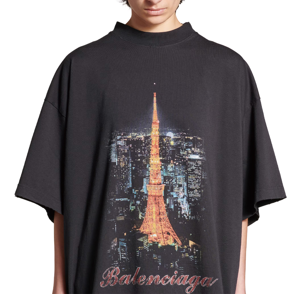 Sizing Balenciaga SS24 Camiseta Gráfica Oversize Negra de Cuello Redondo Ajuste Suelto 787349TQV751083