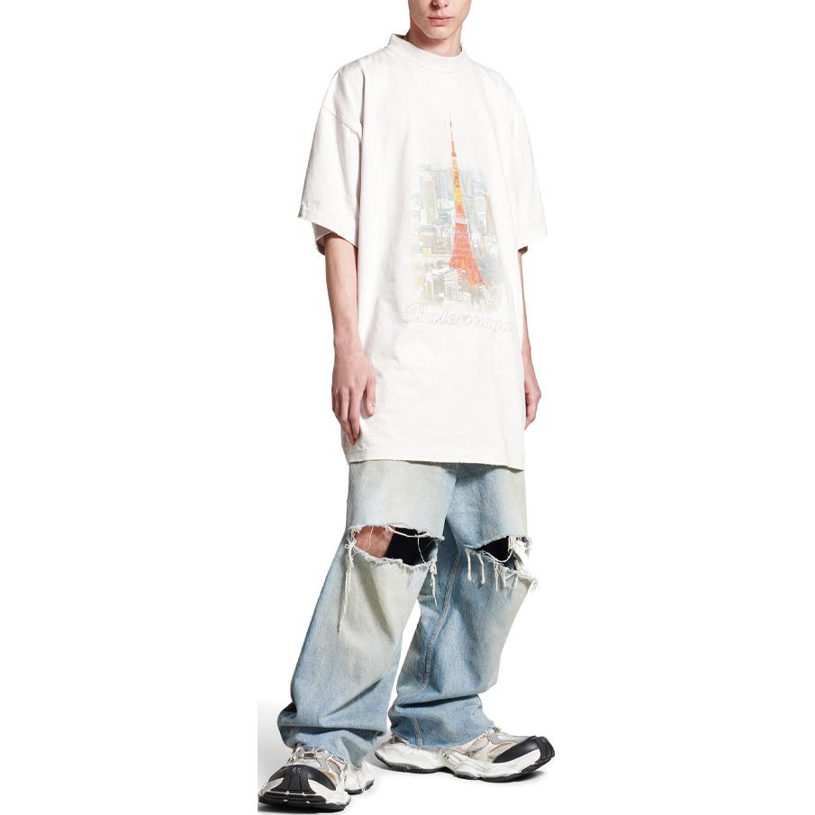 Shop Balenciaga SS24 Baju-T Grafik Putih Lelaki Kasual Oversized. 787349TQV759016