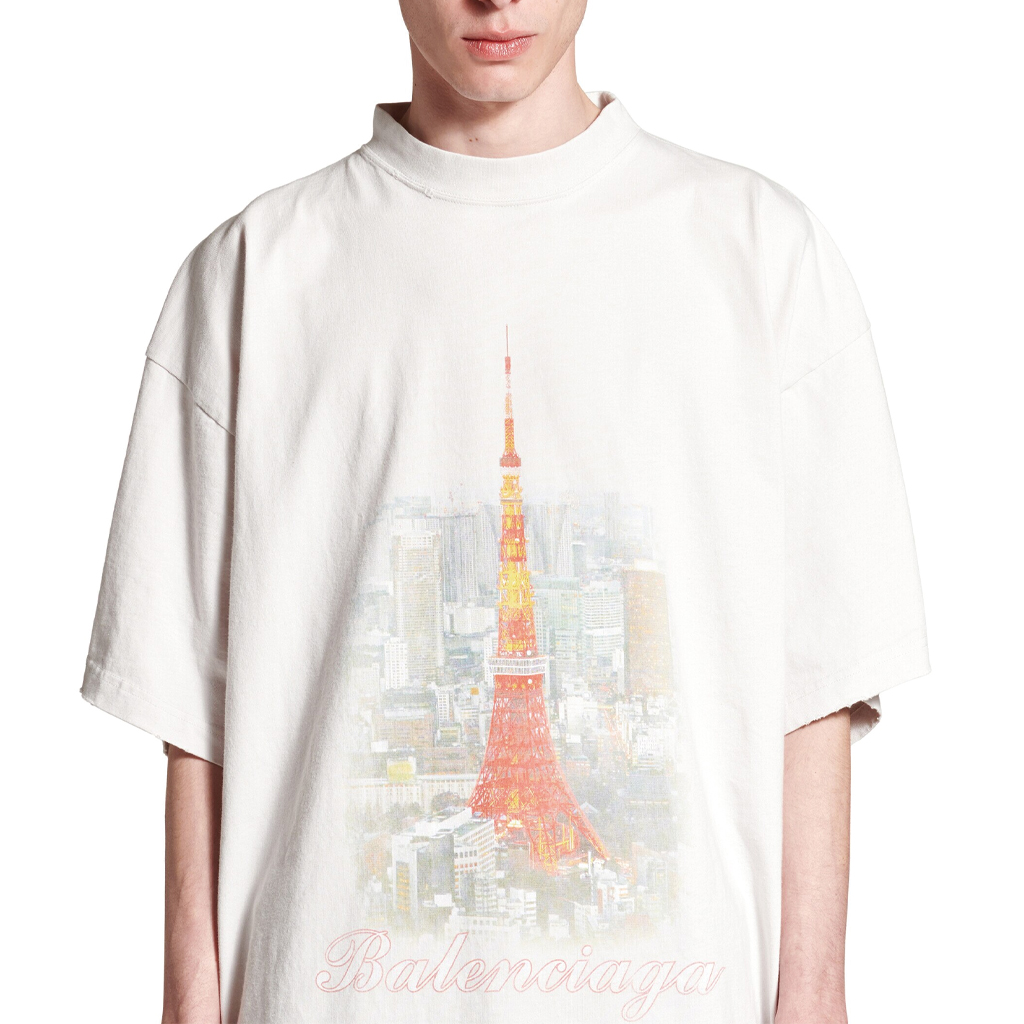 Sizing Balenciaga SS24 Baju-T Grafik Putih Lelaki Kasual Oversized. 787349TQV759016